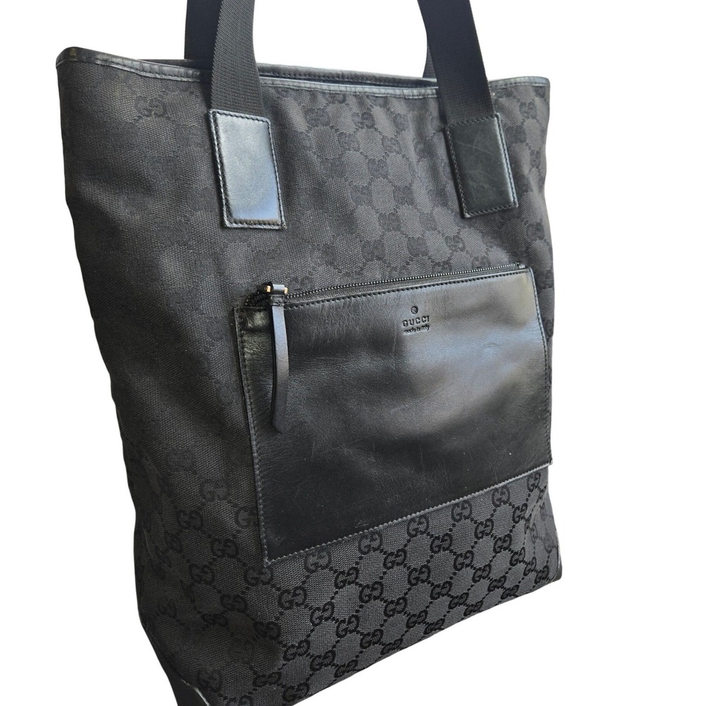 Gucci GG Monogram Canvas Tote Bag Black Leather Trim Shoulder Bag Made in Italy - Picture 2 of 12